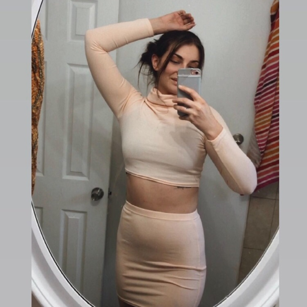 Missi London | 2 piece pink skirt long sleeve set cropped turtleneck with skirt•